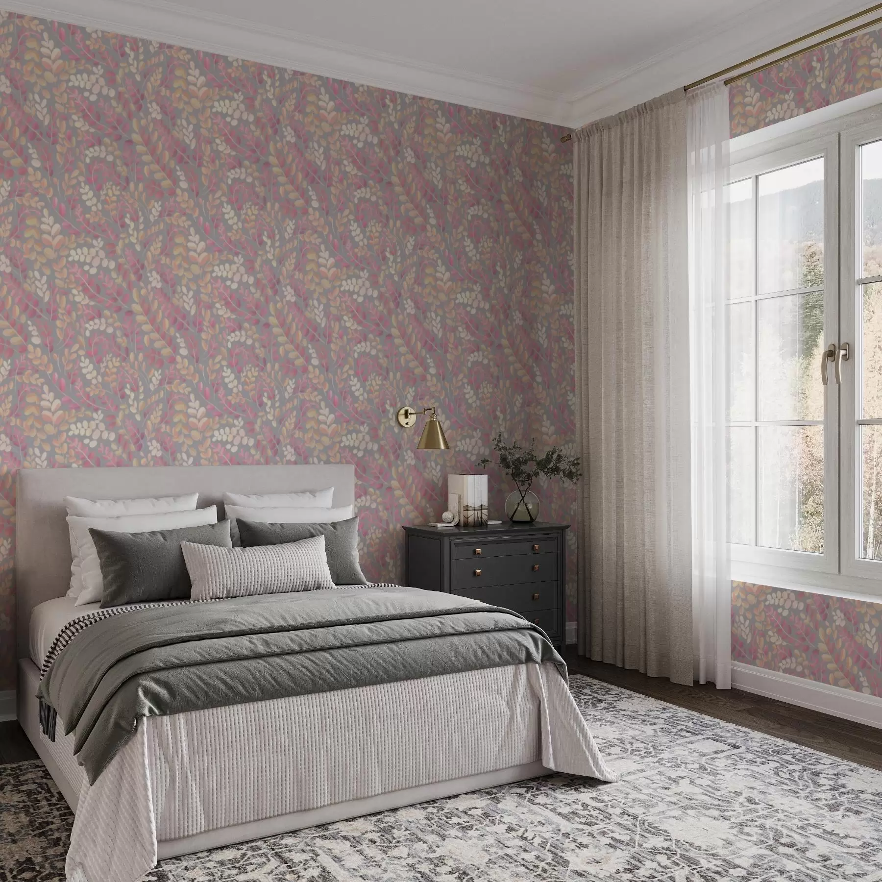 wall murals Pastel branches with pink-peach foliage on a gray background a00799v1