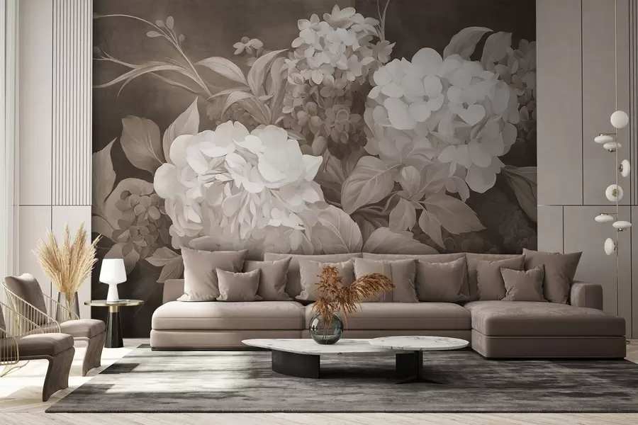 wall murals Textured sepia painting imitation of hydrangeas flowers with big leaves, abstract and dark background w09465