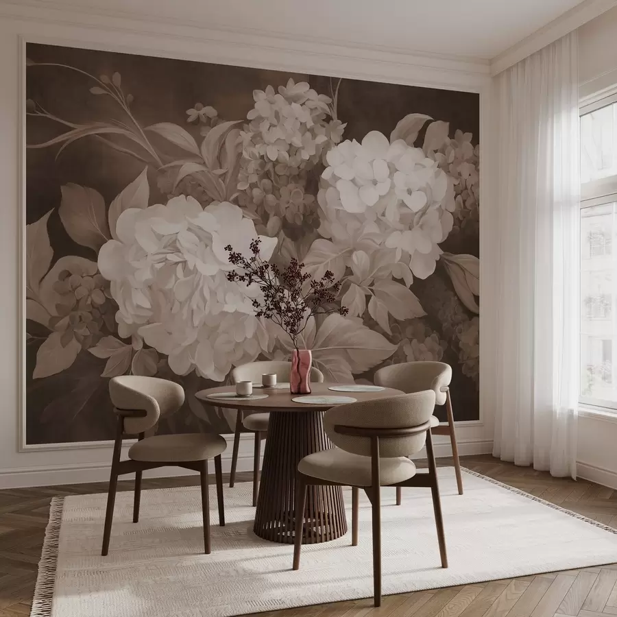 wall murals Textured sepia painting imitation of hydrangeas flowers with big leaves, abstract and dark background w09465