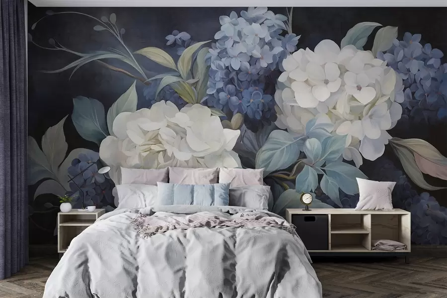 wall murals Textured dark blue painting imitation of hydrangeas flowers with big leaves, abstract and dark background w09465v1