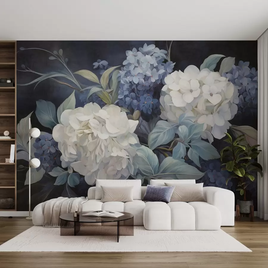 wall murals Textured dark blue painting imitation of hydrangeas flowers with big leaves, abstract and dark background w09465v1