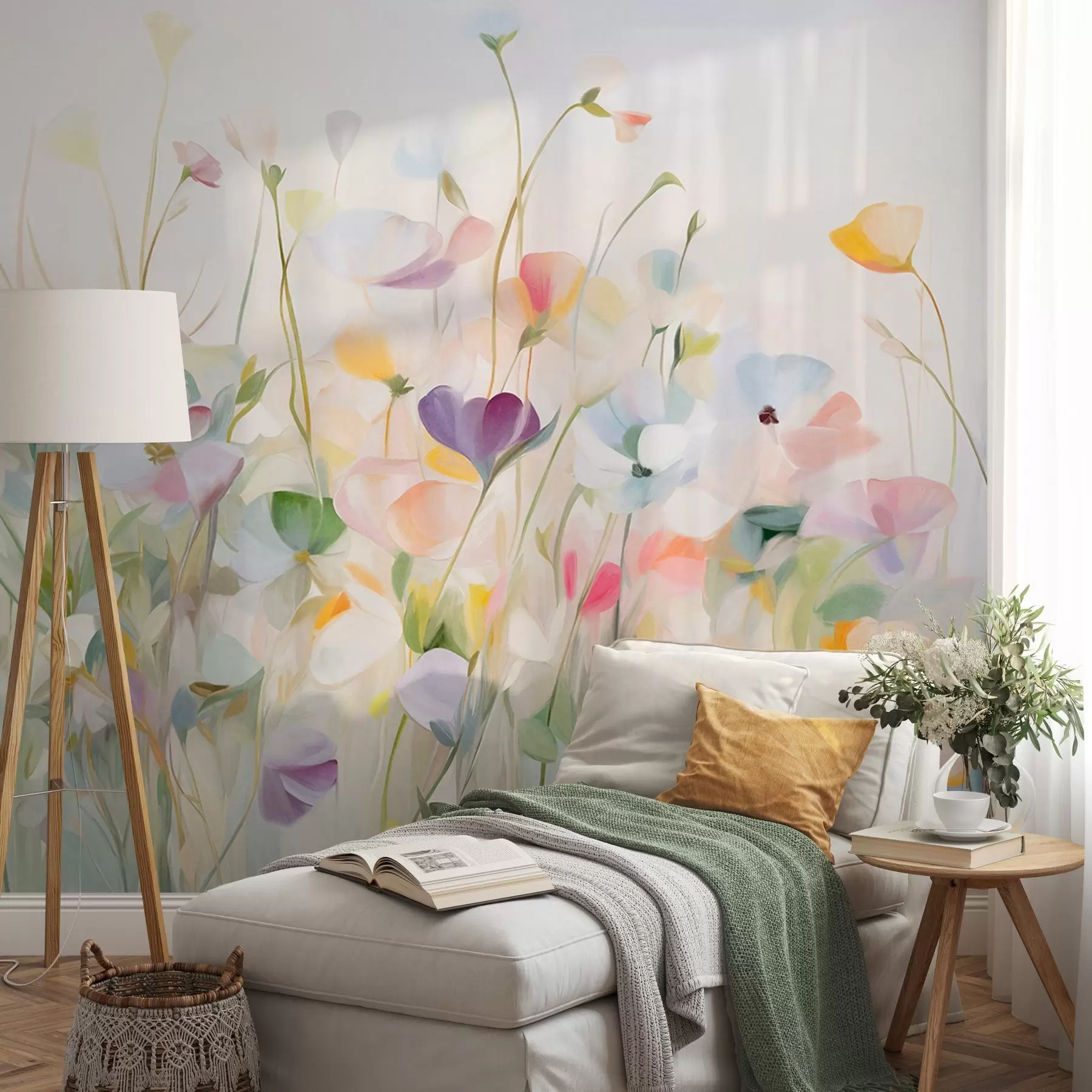wall murals Abstract field of colorful flowers with long stems and green leaves, textured, pastel, light colors w09466