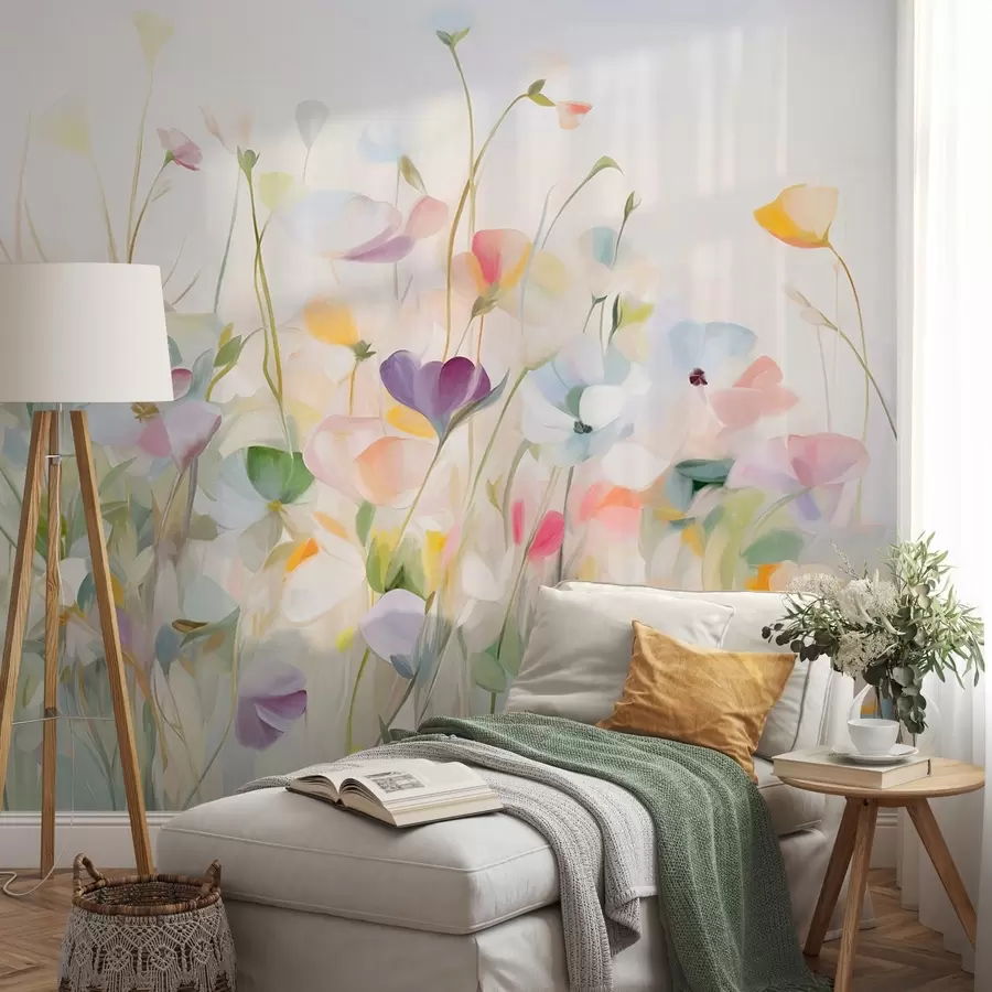 wall murals Abstract field of colorful flowers with long stems and green leaves, textured, pastel, light colors w09466