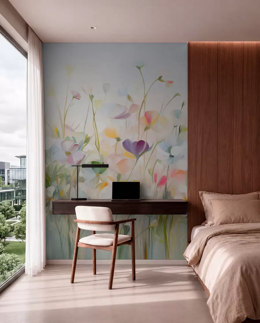 wall murals Abstract field of colorful flowers with long stems and green leaves, textured, pastel, light colors w09466