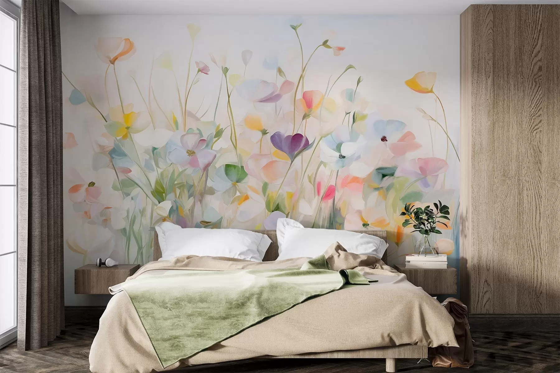 wall murals Abstract field of colorful flowers with long stems and green leaves, textured, pastel, light colors w09466