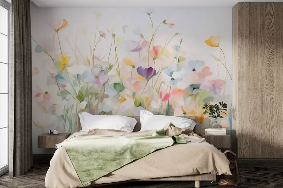 wall murals Abstract field of colorful flowers with long stems and green leaves, textured, pastel, light colors w09466