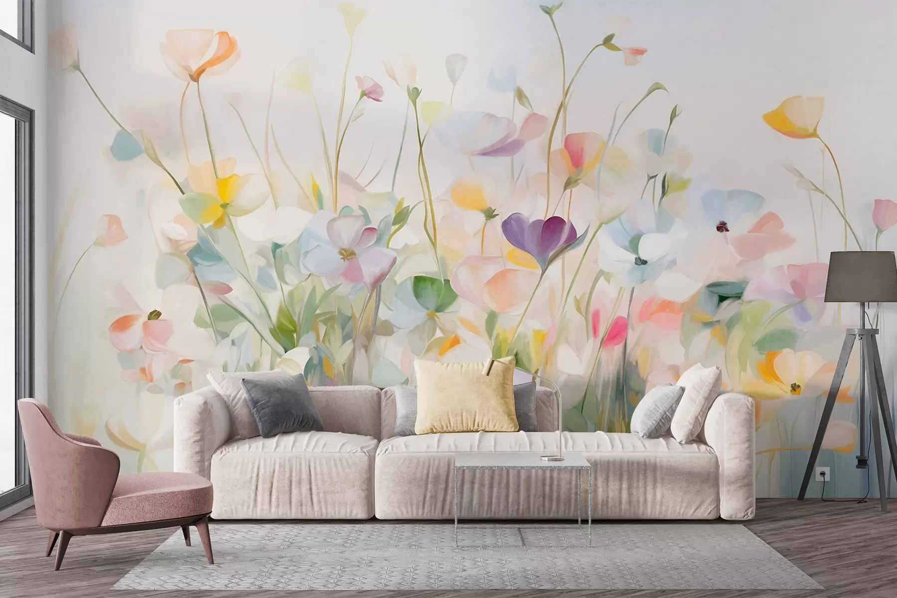 wall murals Abstract field of colorful flowers with long stems and green leaves, textured, pastel, light colors w09466