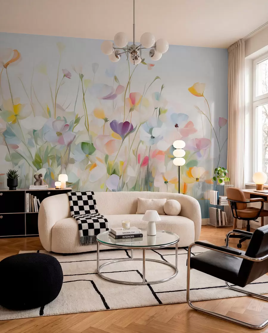 wall murals Abstract field of colorful flowers with long stems and green leaves, textured, pastel, light colors w09466