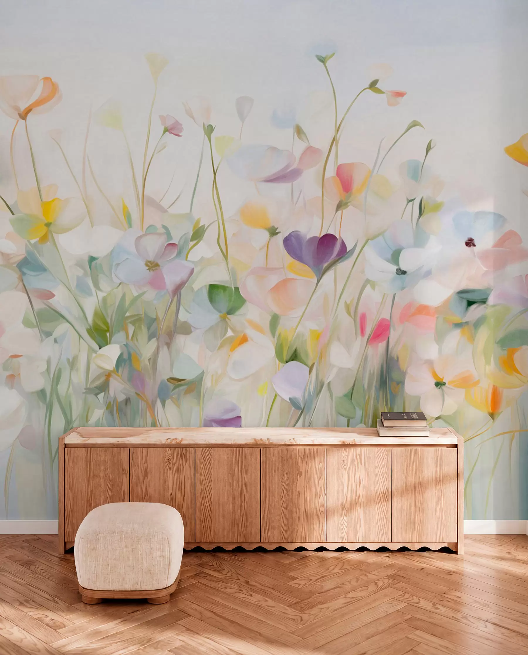wall murals Abstract field of colorful flowers with long stems and green leaves, textured, pastel, light colors w09466