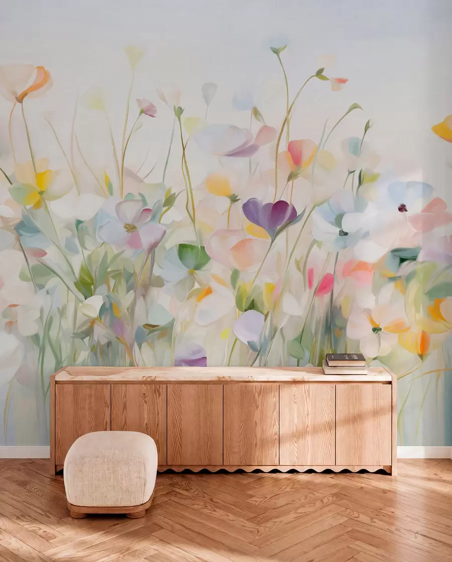 wall murals Abstract field of colorful flowers with long stems and green leaves, textured, pastel, light colors w09466