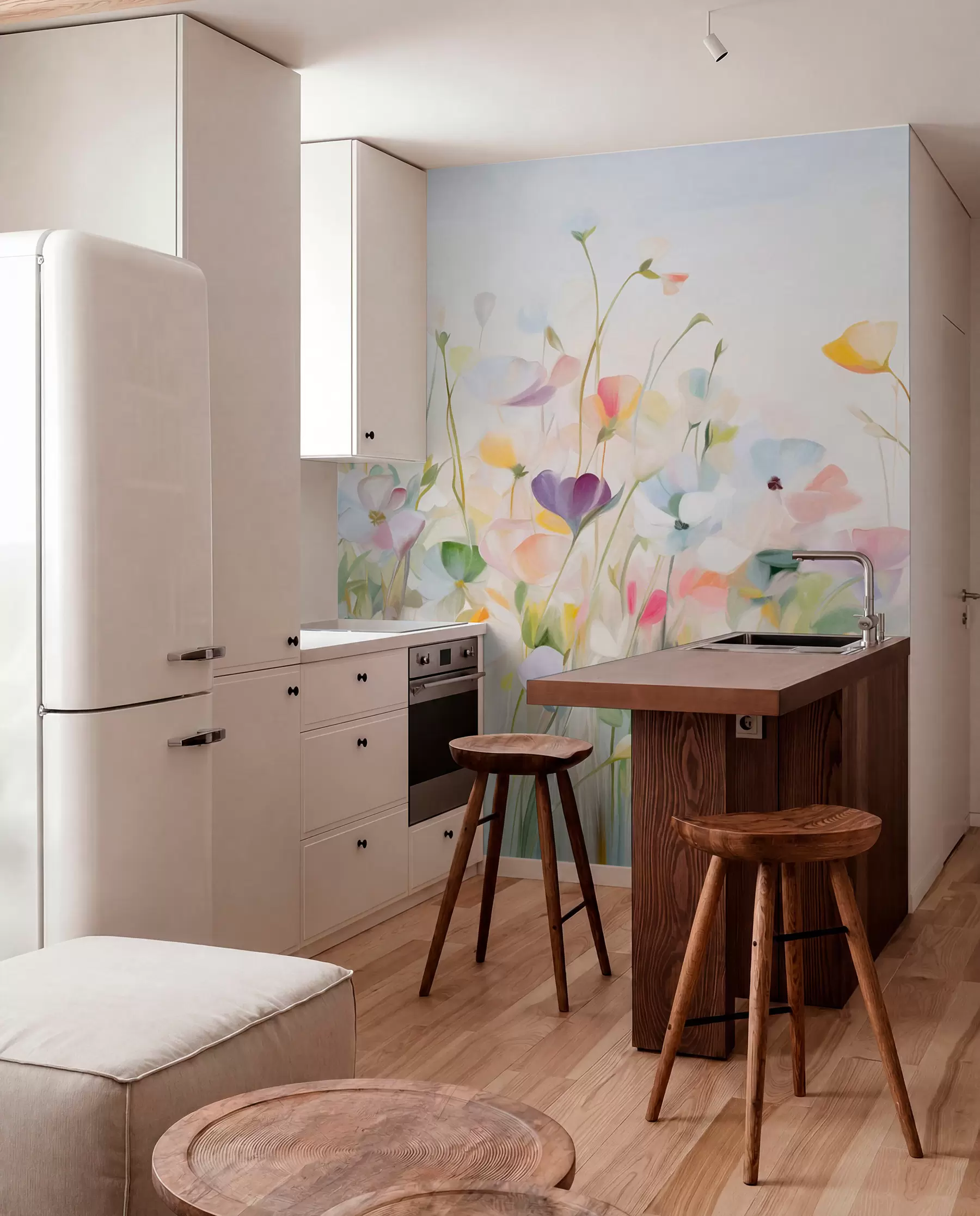 wall murals Abstract field of colorful flowers with long stems and green leaves, textured, pastel, light colors w09466
