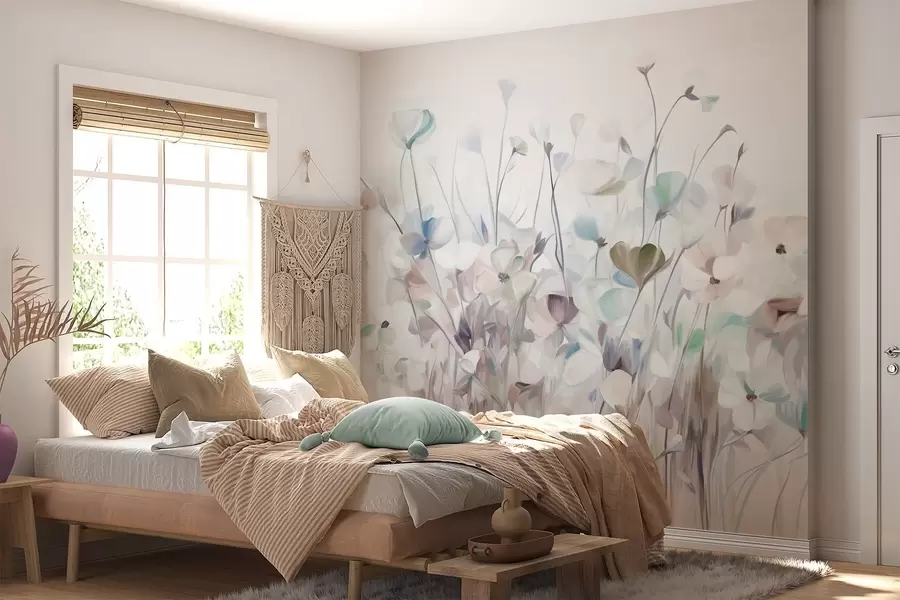 wall murals Abstract field of blue and brown flowers with long stems and leaves, textured, pastel, muted colors w09466v1