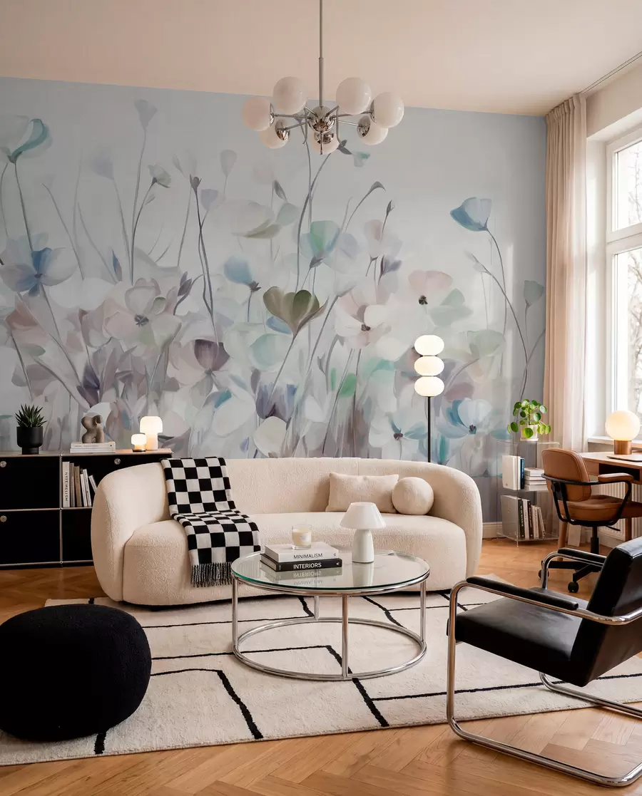 wall murals Abstract field of blue and brown flowers with long stems and leaves, textured, pastel, muted colors w09466v1