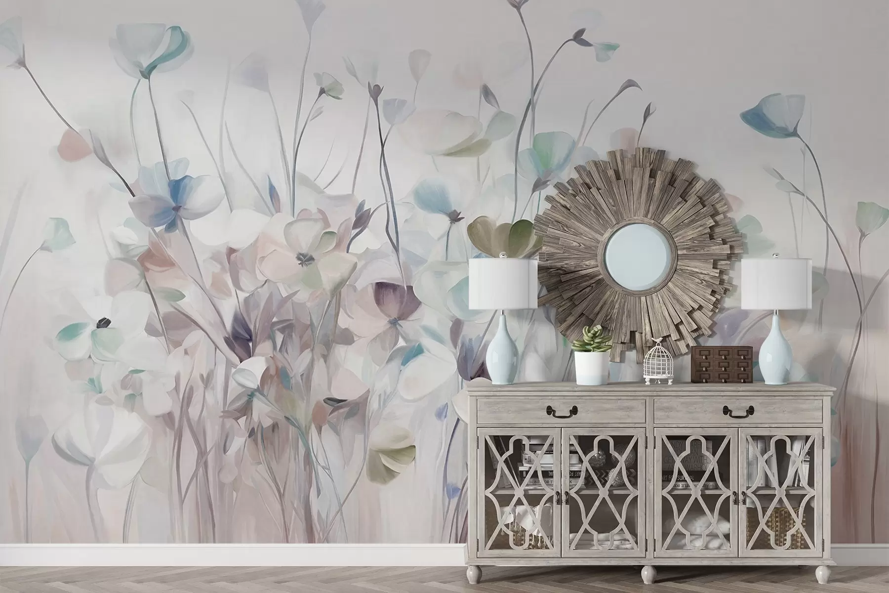 wall murals Abstract field of blue and brown flowers with long stems and leaves, textured, pastel, muted colors w09466v1