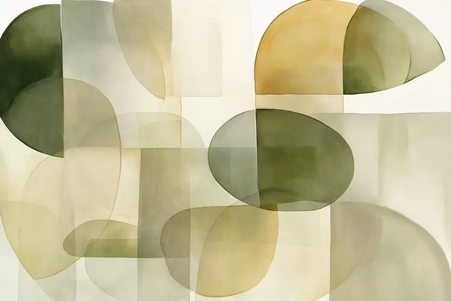 wall murals Abstract textured shapes in shades of green and yellow, muted tones, minimalist composition, neutral background w09467