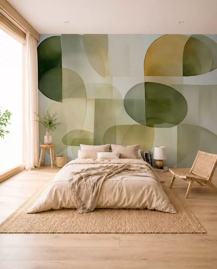 wall murals Abstract textured shapes in shades of green and yellow, muted tones, minimalist composition, neutral background w09467