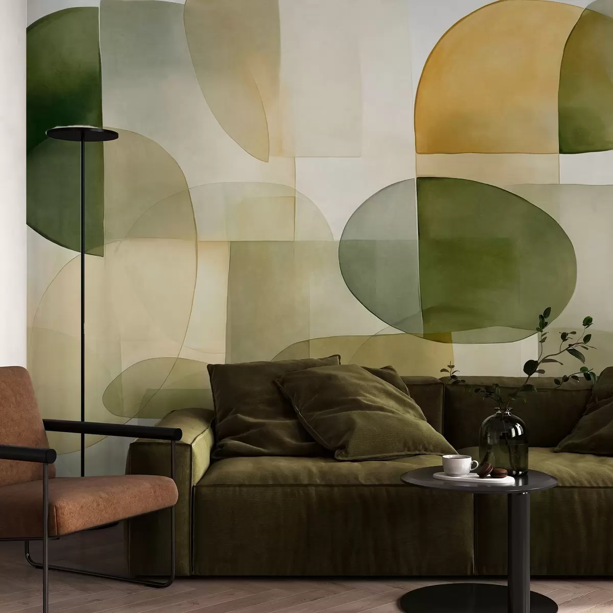 wall murals Abstract textured shapes in shades of green and yellow, muted tones, minimalist composition, neutral background w09467
