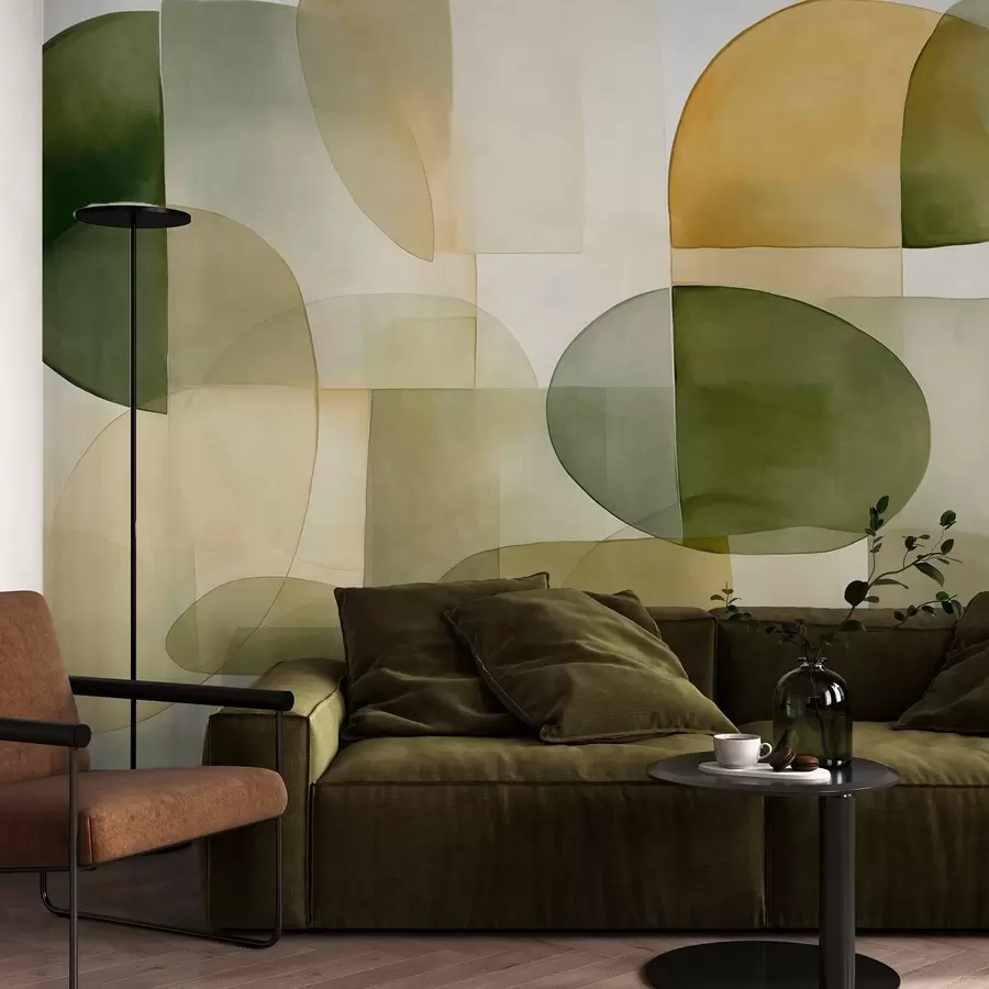 wall murals Abstract textured shapes in shades of green and yellow, muted tones, minimalist composition, neutral background w09467