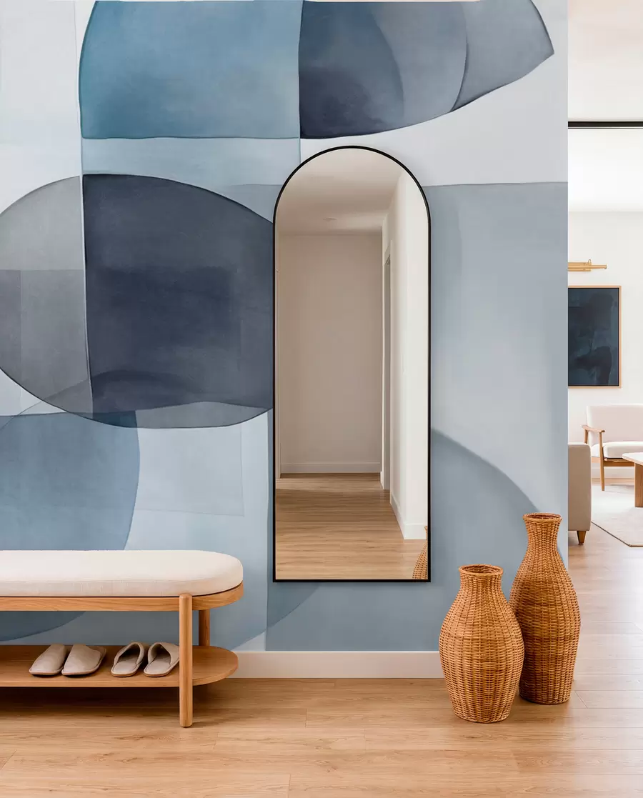 wall murals Abstract textured shapes in shades of gray and blue, muted tones, minimalist composition, neutral background w09467v1