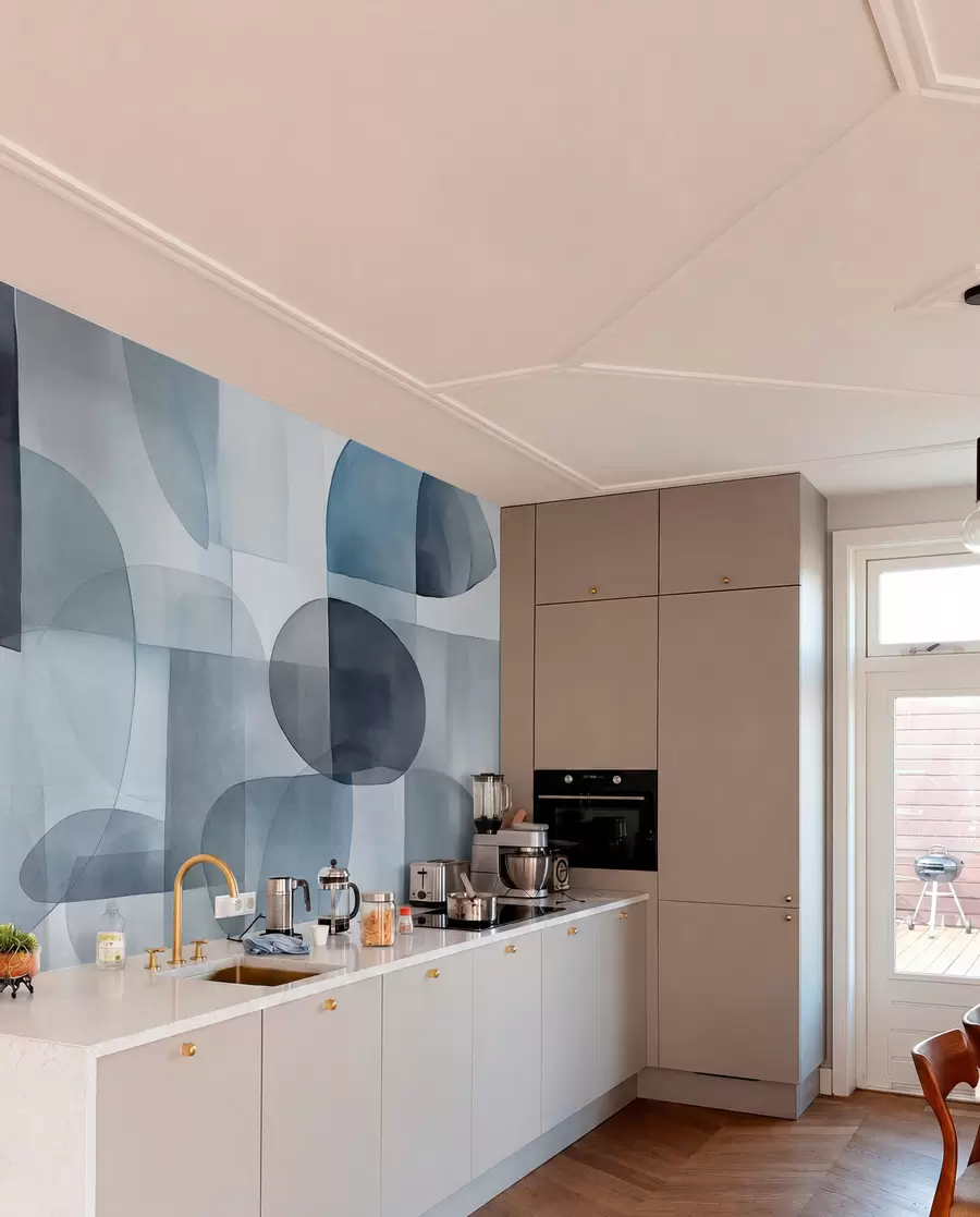 wall murals Abstract textured shapes in shades of gray and blue, muted tones, minimalist composition, neutral background w09467v1