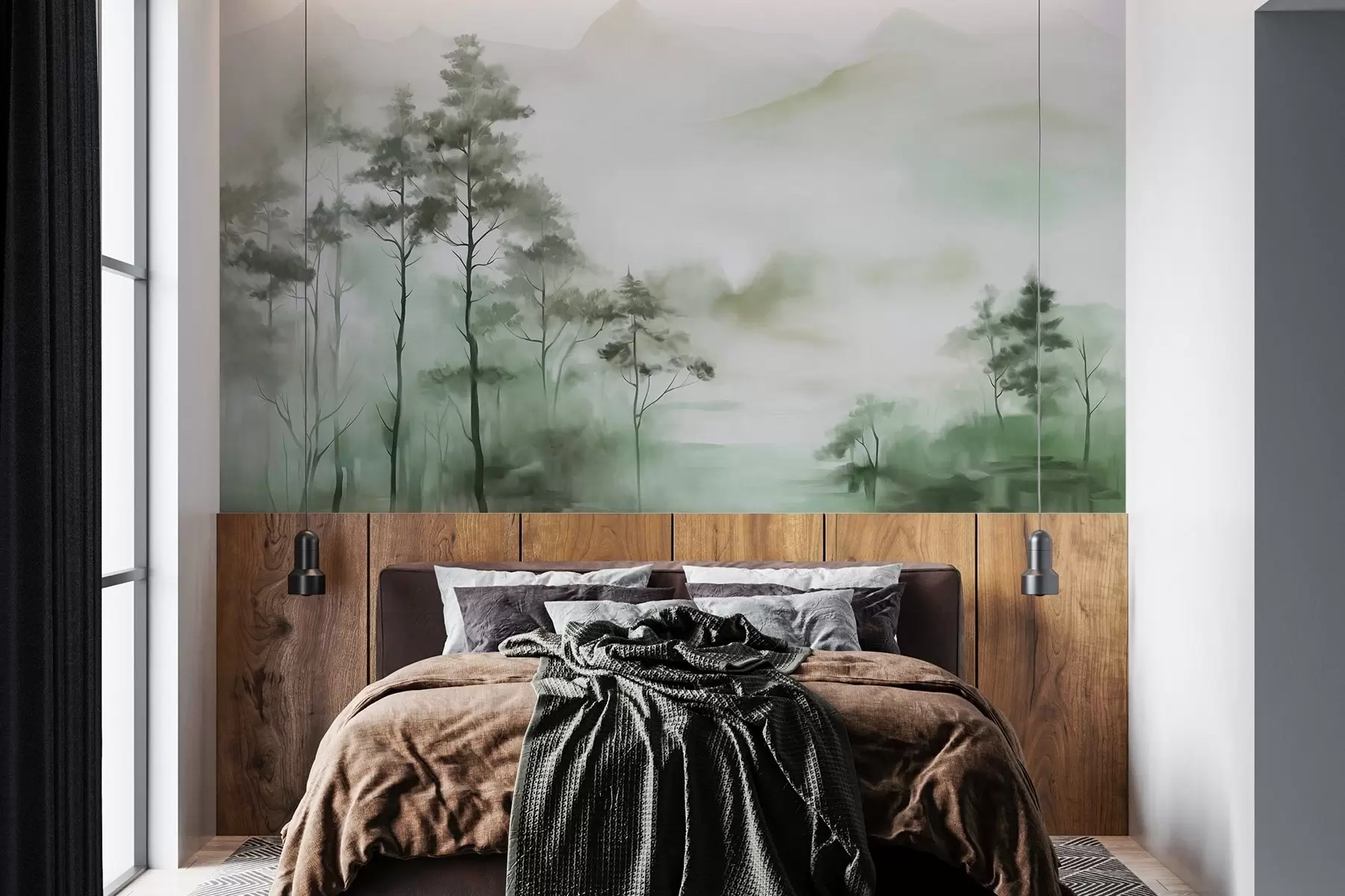 wall murals Foggy landscape with tall trees and mountains muted green and gray tones, minimalist style, textured w09469