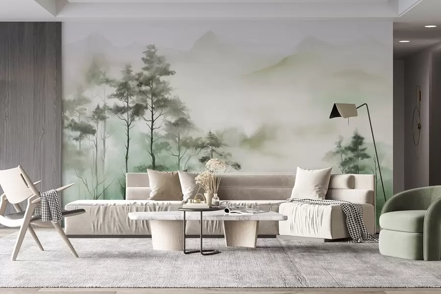 wall murals Foggy landscape with tall trees and mountains muted green and gray tones, minimalist style, textured w09469