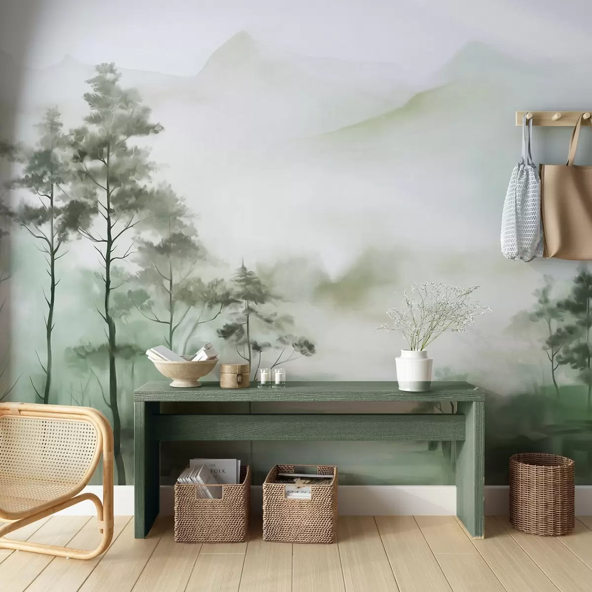 wall murals Foggy landscape with tall trees and mountains muted green and gray tones, minimalist style, textured w09469