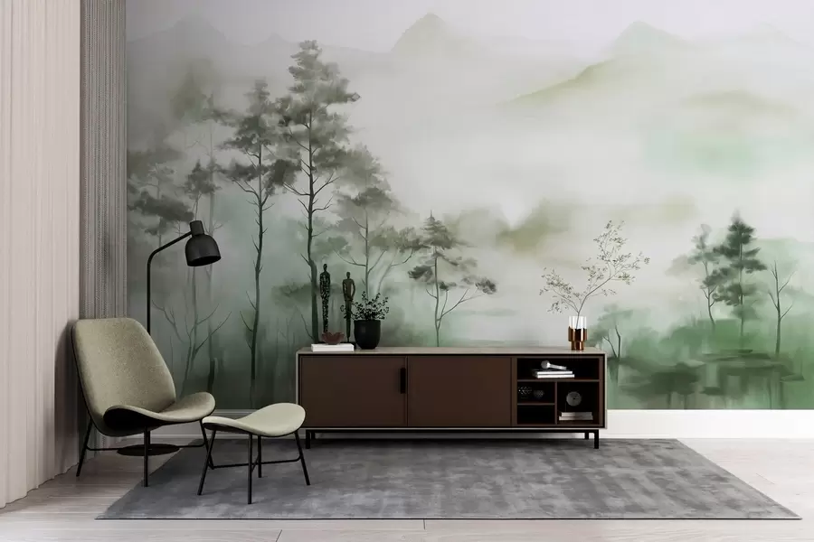 wall murals Foggy landscape with tall trees and mountains muted green and gray tones, minimalist style, textured w09469