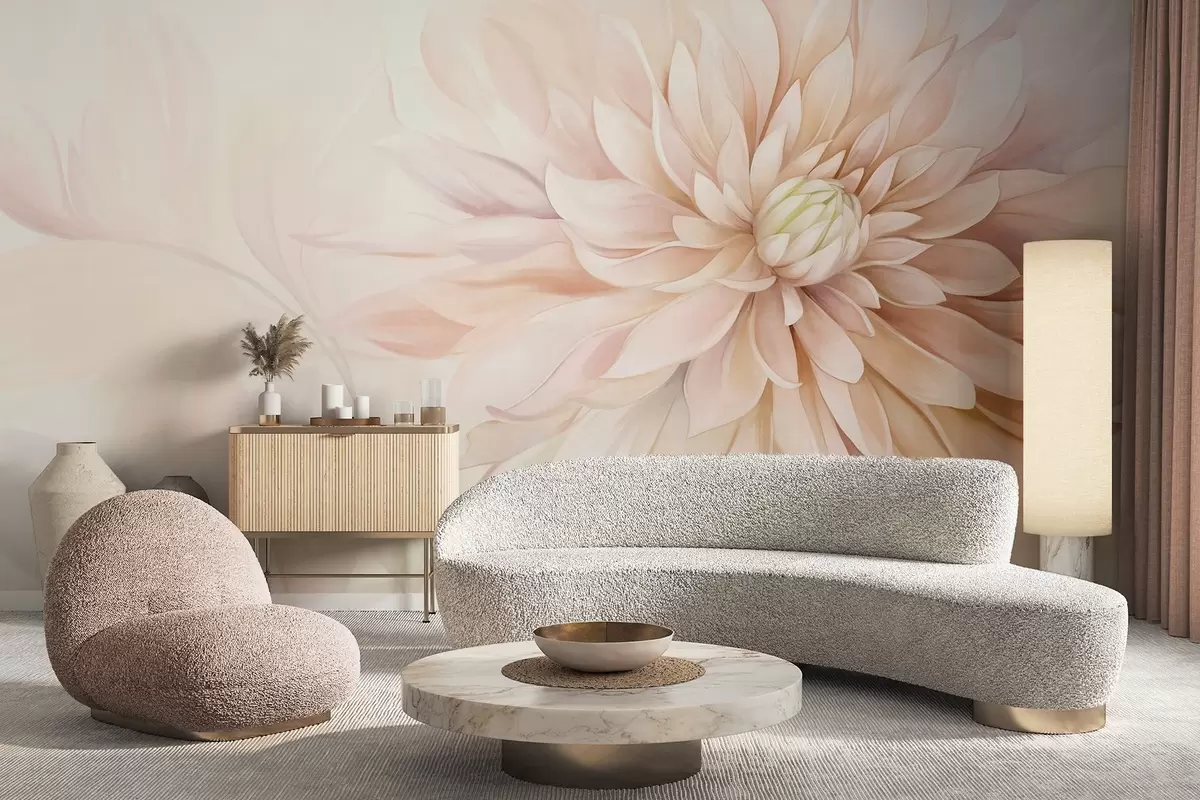 wall murals A light pink dahlia flower with many petals, soft textured pastel background with hints of green and beige w09470