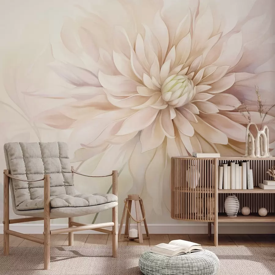 wall murals A light pink dahlia flower with many petals, soft textured pastel background with hints of green and beige w09470