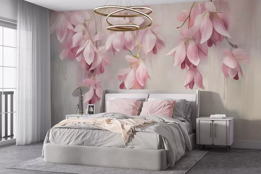 wall murals Hanging pink flowers, light gray background, floral textured arrangement, botanical art, pastel colors w09471