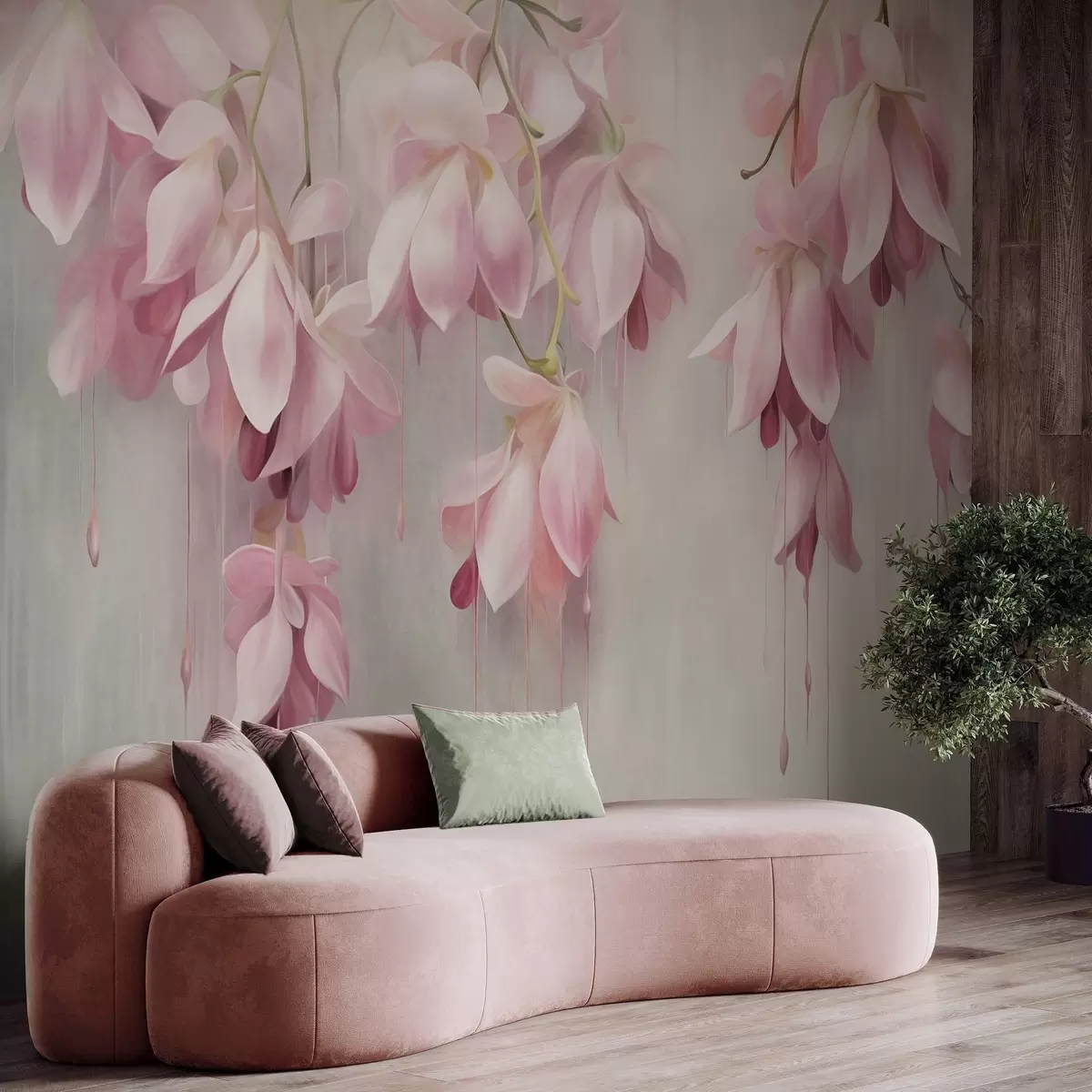 wall murals Hanging pink flowers, light gray background, floral textured arrangement, botanical art, pastel colors w09471