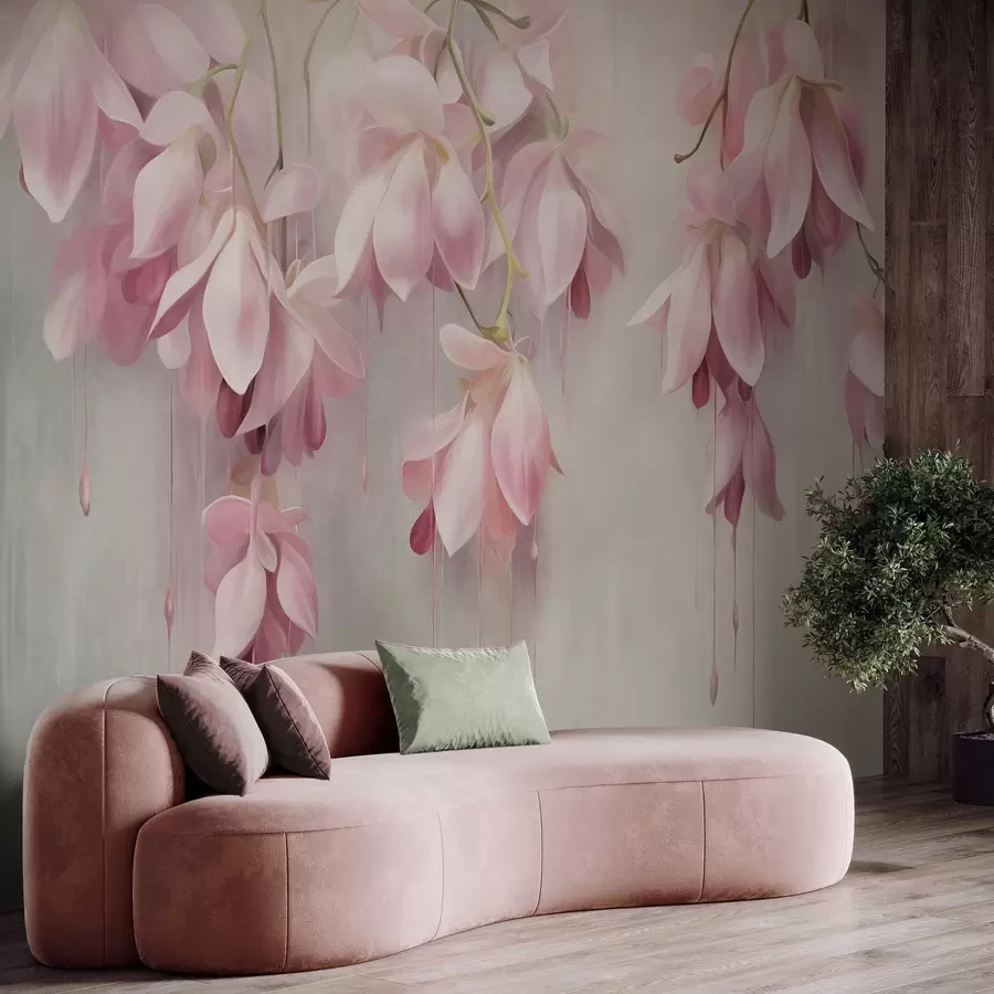 wall murals Hanging pink flowers, light gray background, floral textured arrangement, botanical art, pastel colors w09471