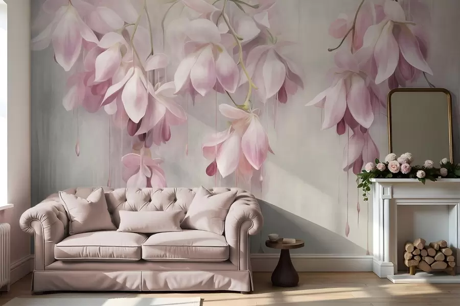 wall murals Hanging pink flowers, light gray background, floral textured arrangement, botanical art, pastel colors w09471