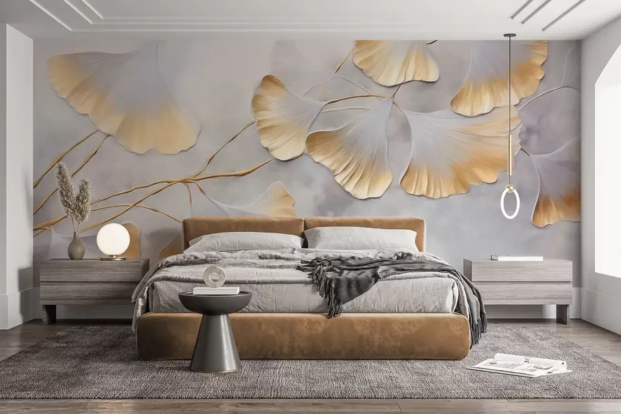 wall murals Ginkgo biloba leaves with yellow edges on a branch, gray textured background, elegant and minimalist design w09472
