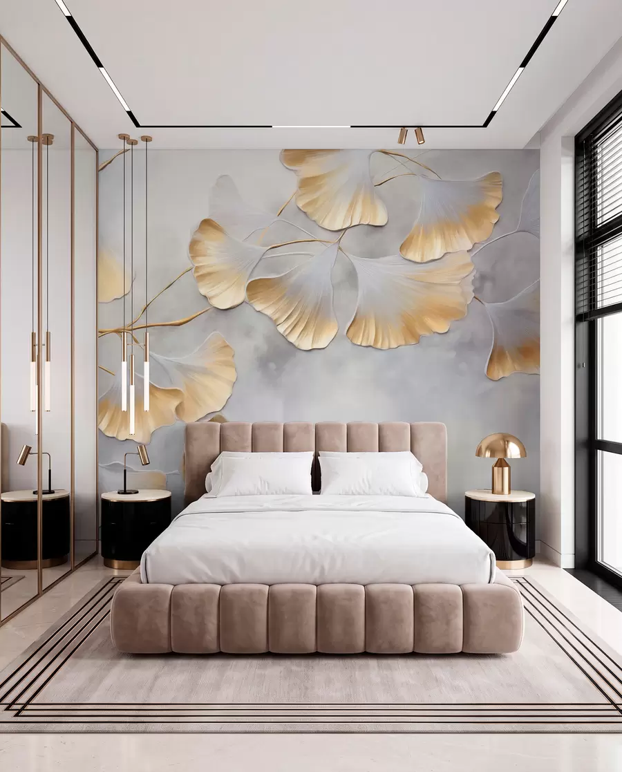 wall murals Ginkgo biloba leaves with yellow edges on a branch, gray textured background, elegant and minimalist design w09472