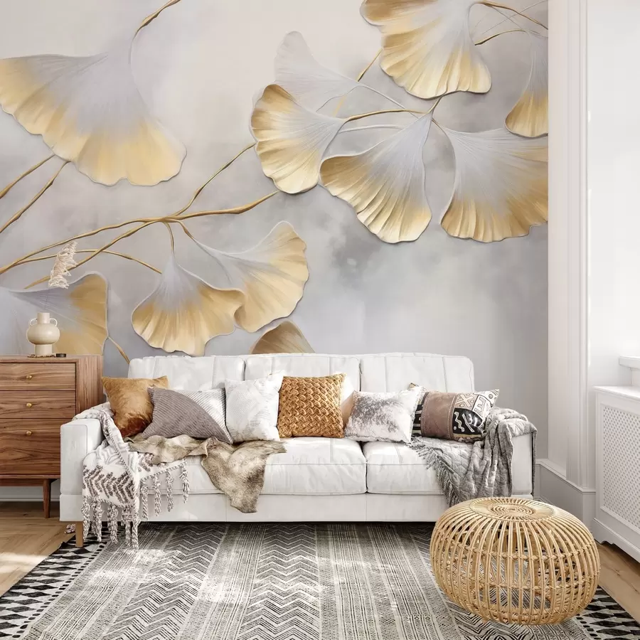 wall murals Ginkgo biloba leaves with yellow edges on a branch, gray textured background, elegant and minimalist design w09472