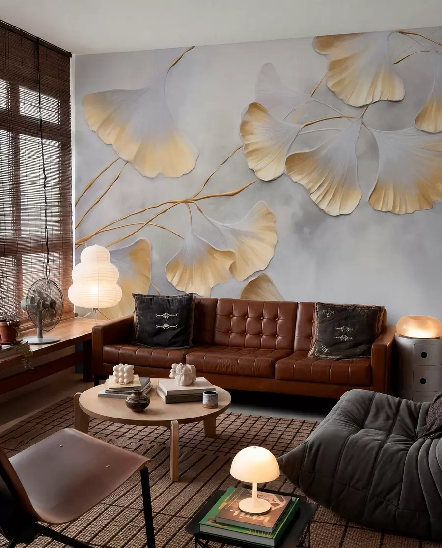 wall murals Ginkgo biloba leaves with yellow edges on a branch, gray textured background, elegant and minimalist design w09472