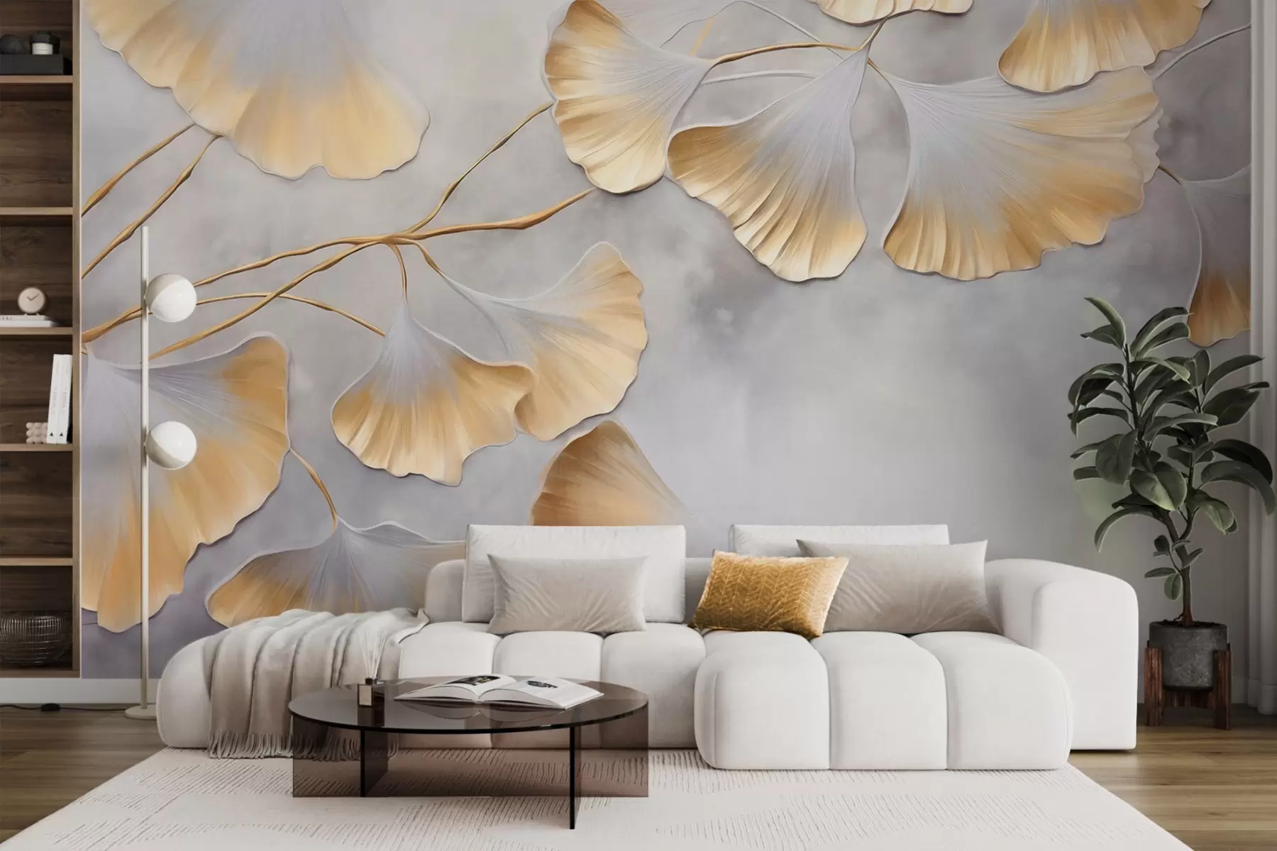 wall murals Ginkgo biloba leaves with yellow edges on a branch, gray textured background, elegant and minimalist design w09472