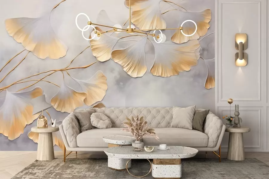 wall murals Ginkgo biloba leaves with yellow edges on a branch, gray textured background, elegant and minimalist design w09472