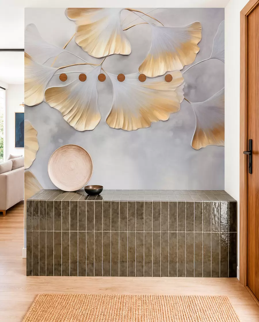 wall murals Ginkgo biloba leaves with yellow edges on a branch, gray textured background, elegant and minimalist design w09472