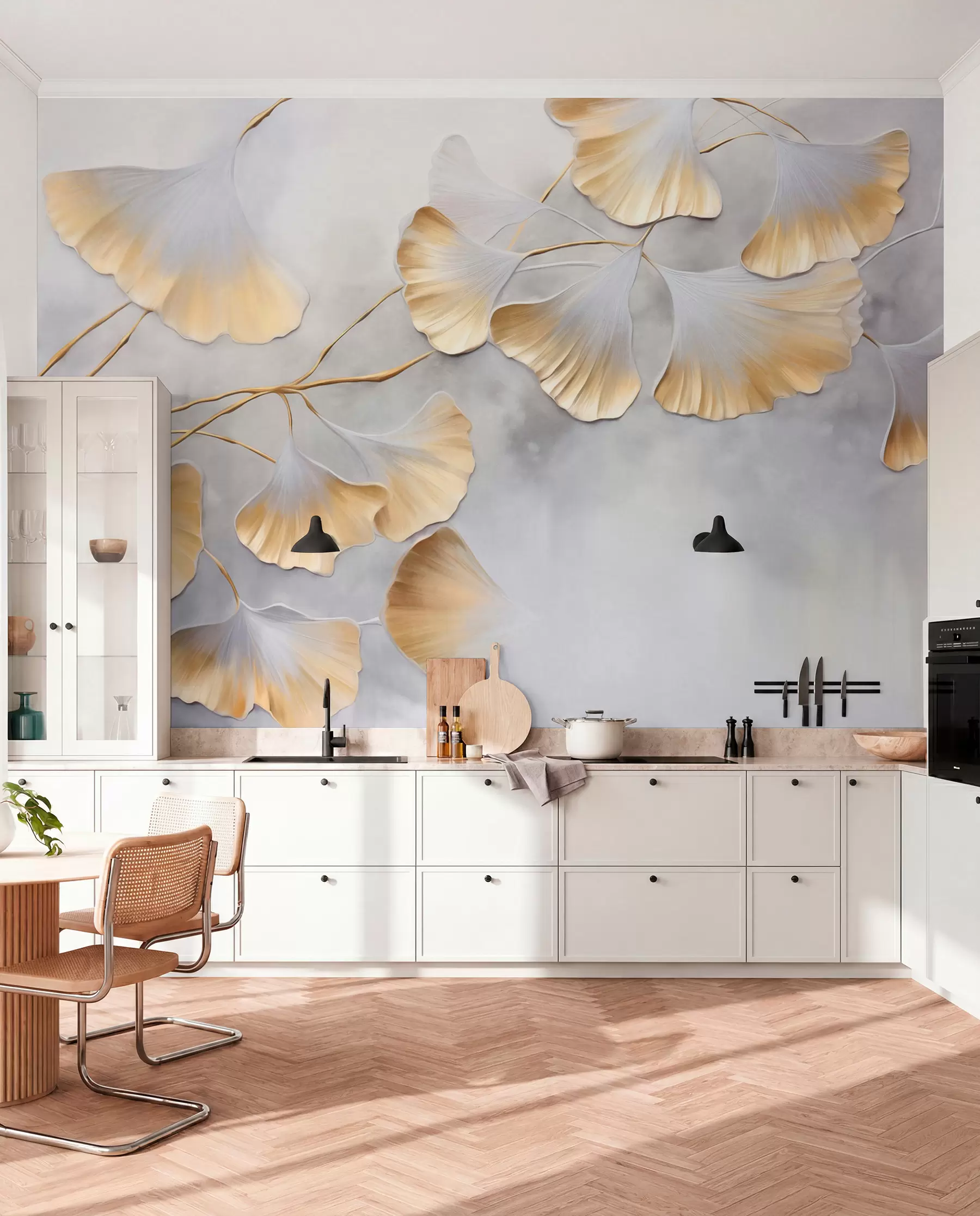 wall murals Ginkgo biloba leaves with yellow edges on a branch, gray textured background, elegant and minimalist design w09472