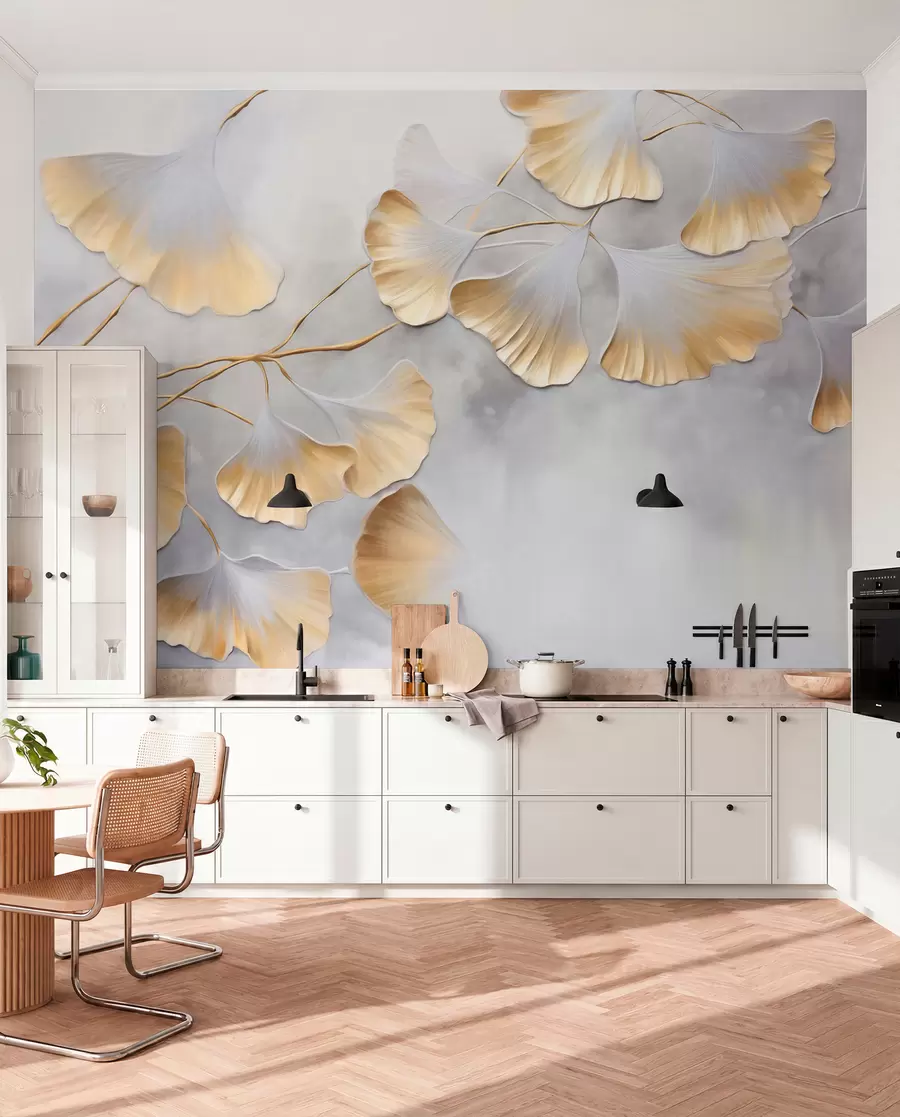 wall murals Ginkgo biloba leaves with yellow edges on a branch, gray textured background, elegant and minimalist design w09472