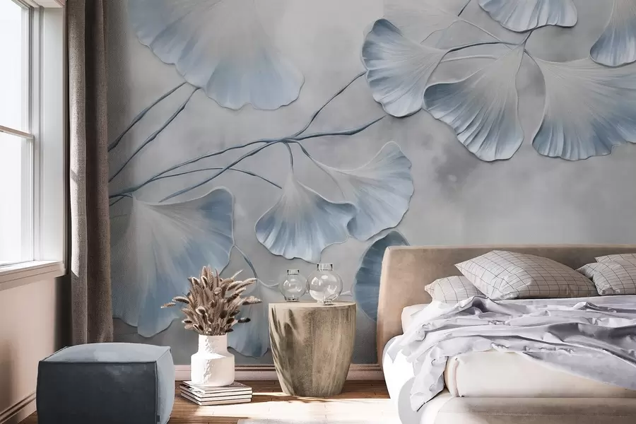 wall murals Ginkgo biloba leaves with blue edges on a branch, gray textured background, elegant and minimalist design w09472v1