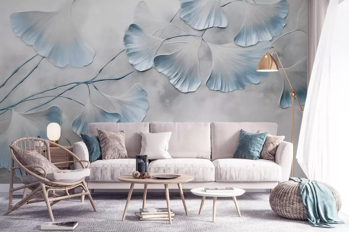 wall murals Ginkgo biloba leaves with blue edges on a branch, gray textured background, elegant and minimalist design w09472v1
