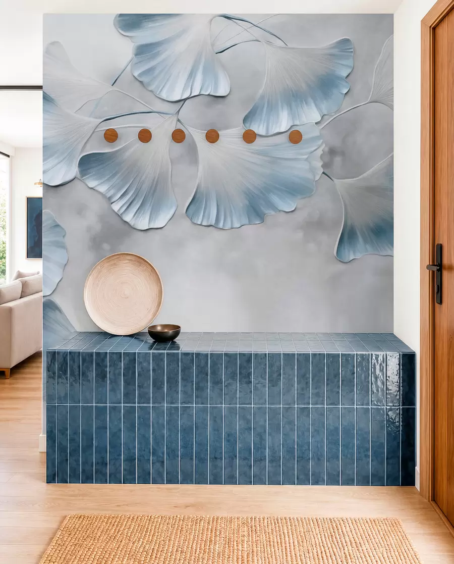 wall murals Ginkgo biloba leaves with blue edges on a branch, gray textured background, elegant and minimalist design w09472v1
