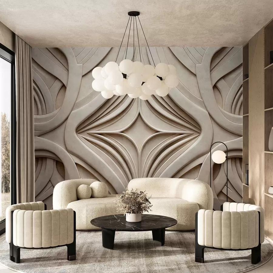 wall murals Abstract symmetrical textured geometric print, light beige color, art deco style , intricate details w09473