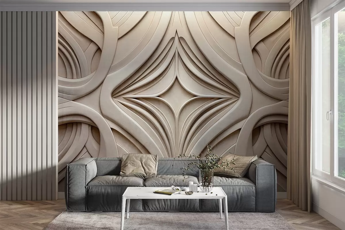 wall murals Abstract symmetrical textured geometric print, light beige color, art deco style , intricate details w09473