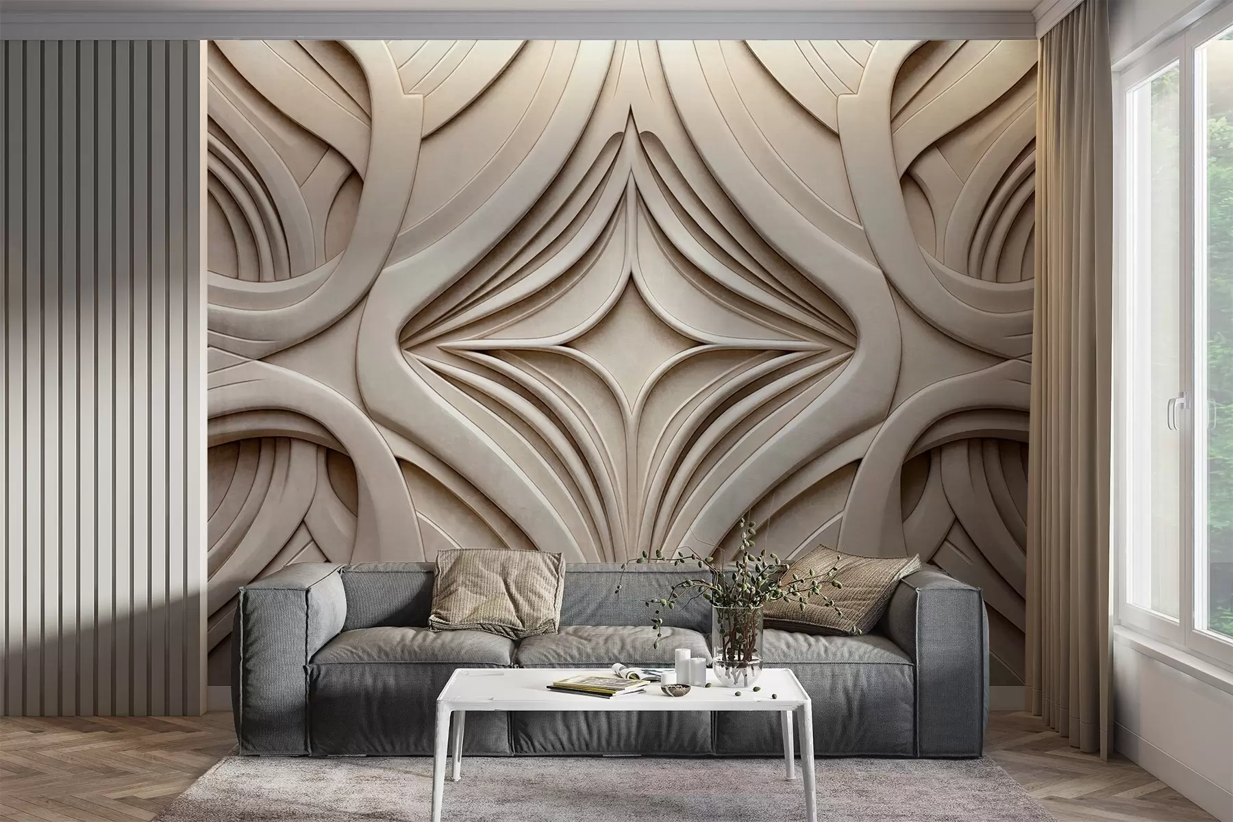 wall murals Abstract symmetrical textured geometric print, light beige color, art deco style , intricate details w09473