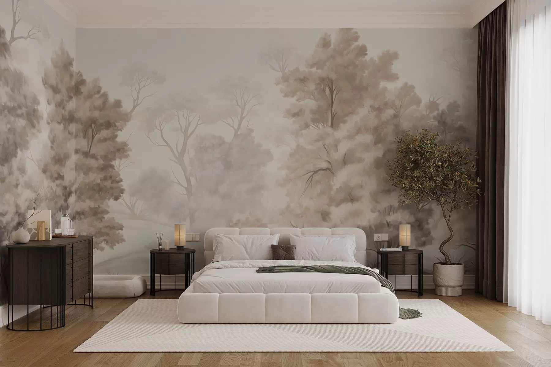 wall murals Textured landscape painting imitation of a forest with tall trees and grass, muted and soft colors, calming scene w09474